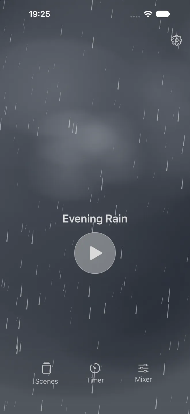Rillowen's Evening Rain scene: rain falling over a dark, overcast sky.