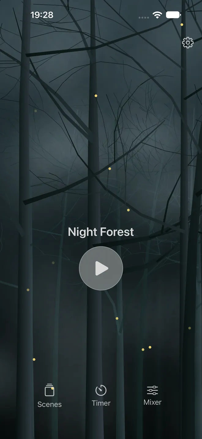 Rillowen's Night Forest scene: bare tree silhouettes and fireflies in a misty forest at night.