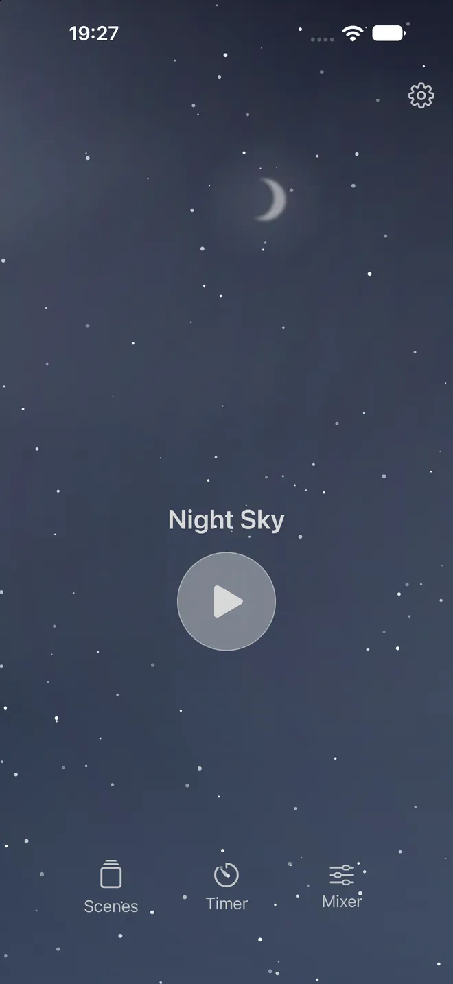 Rillowen's Night Sky scene: a crescent moon and stars over a dark night sky.