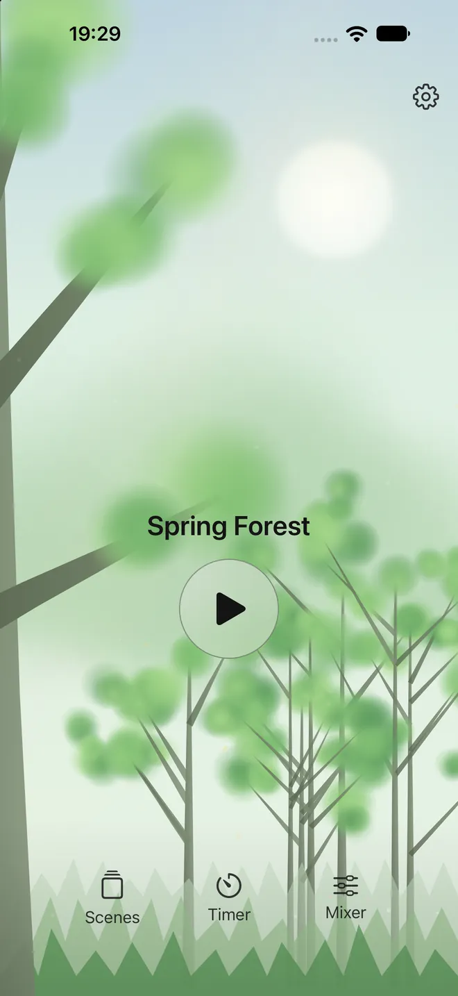 Rillowen's Spring Forest scene: sunlit green trees in a spring forest.